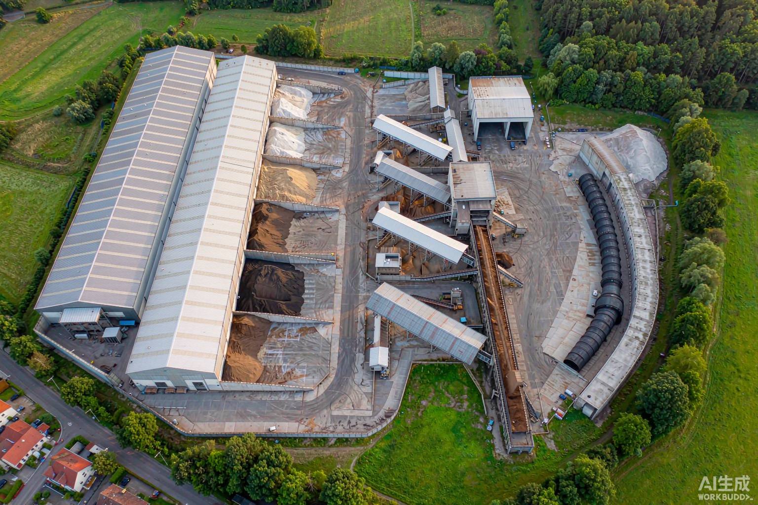 Aerial view of a resource recovery facility with material bays and surrounding countryside