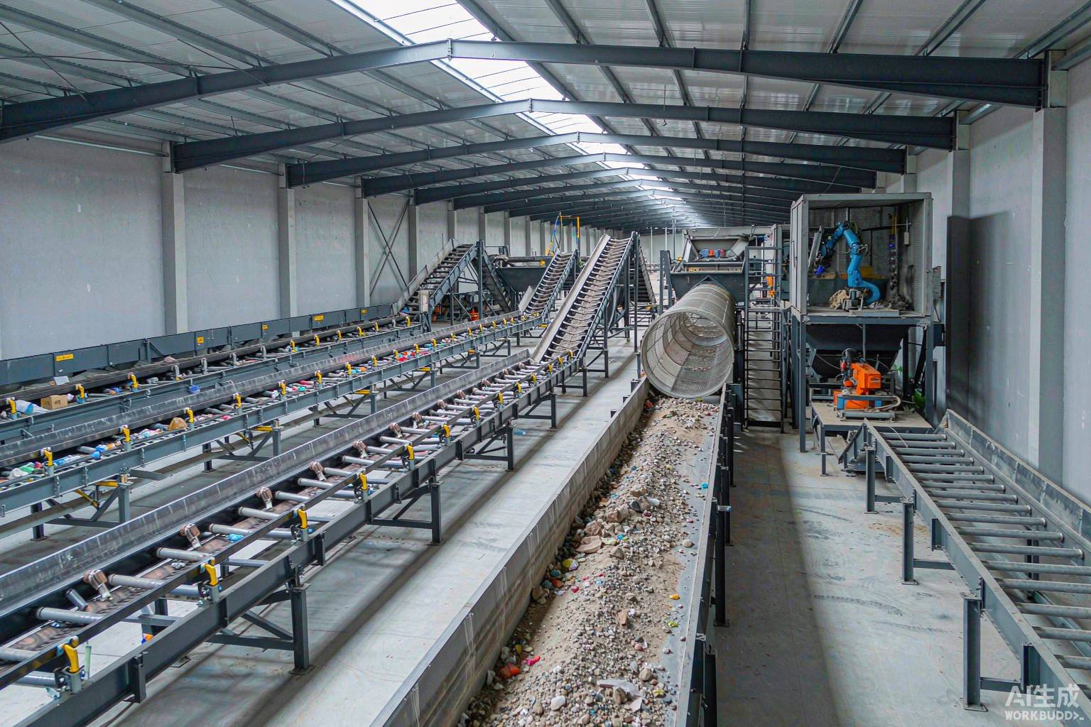Conveyors and screening equipment inside a materials recovery facility sorting recyclable streams