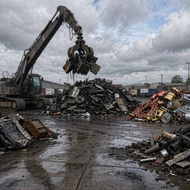 Sorted ferrous and non-ferrous scrap metal at a UK recycling yard ready for processing