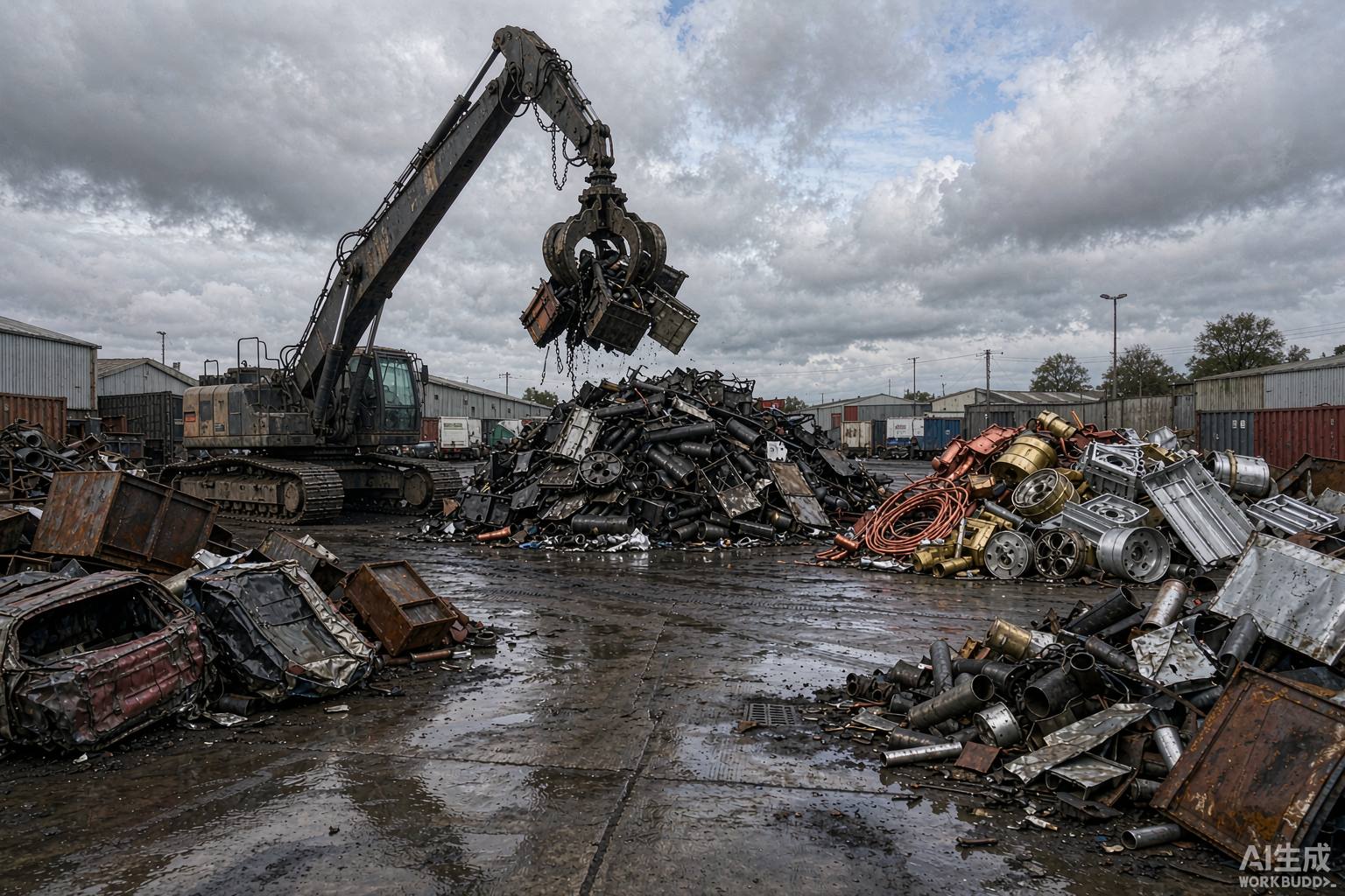 Sorted ferrous and non-ferrous scrap metal at a UK recycling yard ready for processing