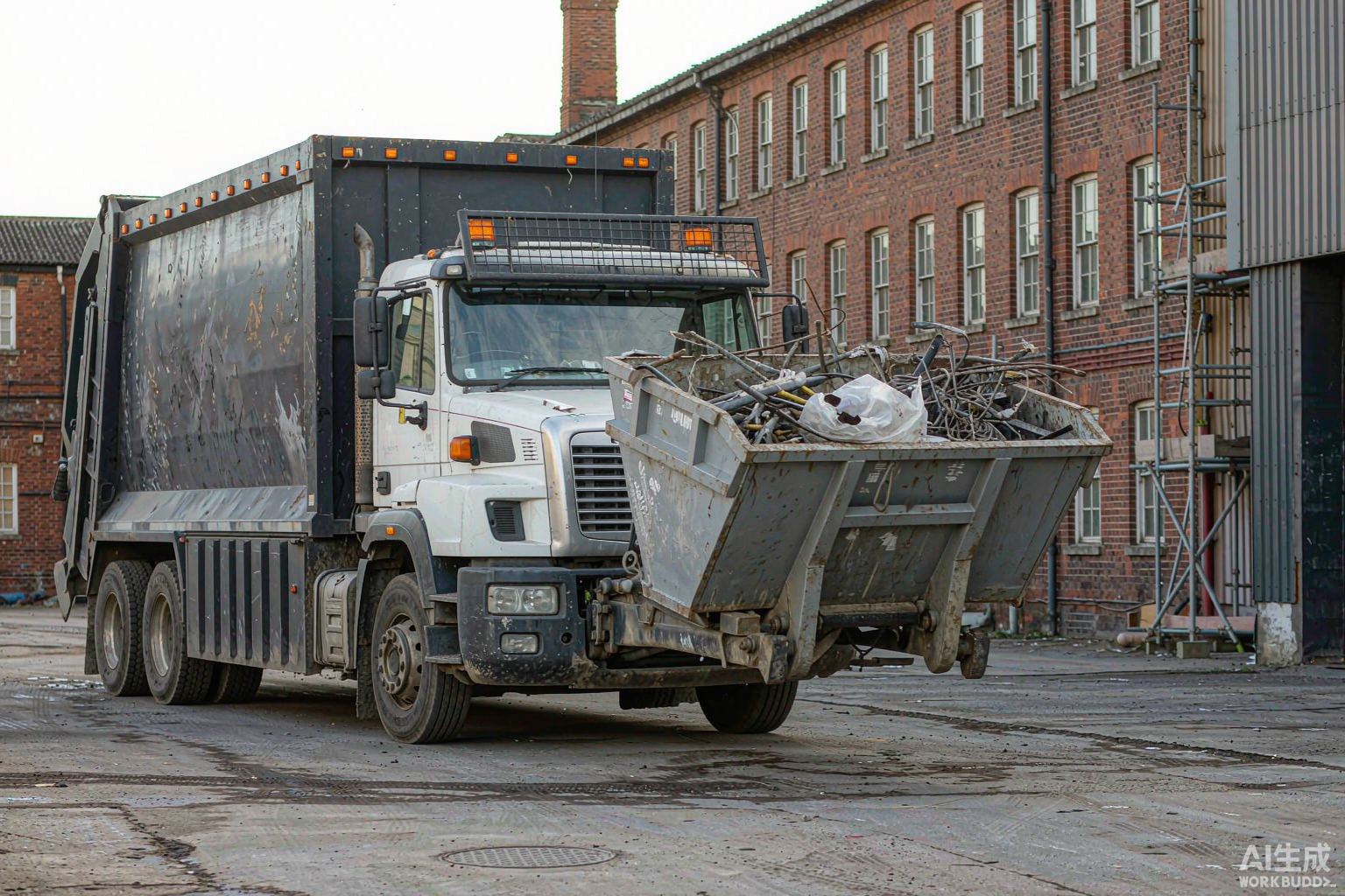Roll-on roll-off skip lorry collecting a loaded metal skip from an industrial client premises