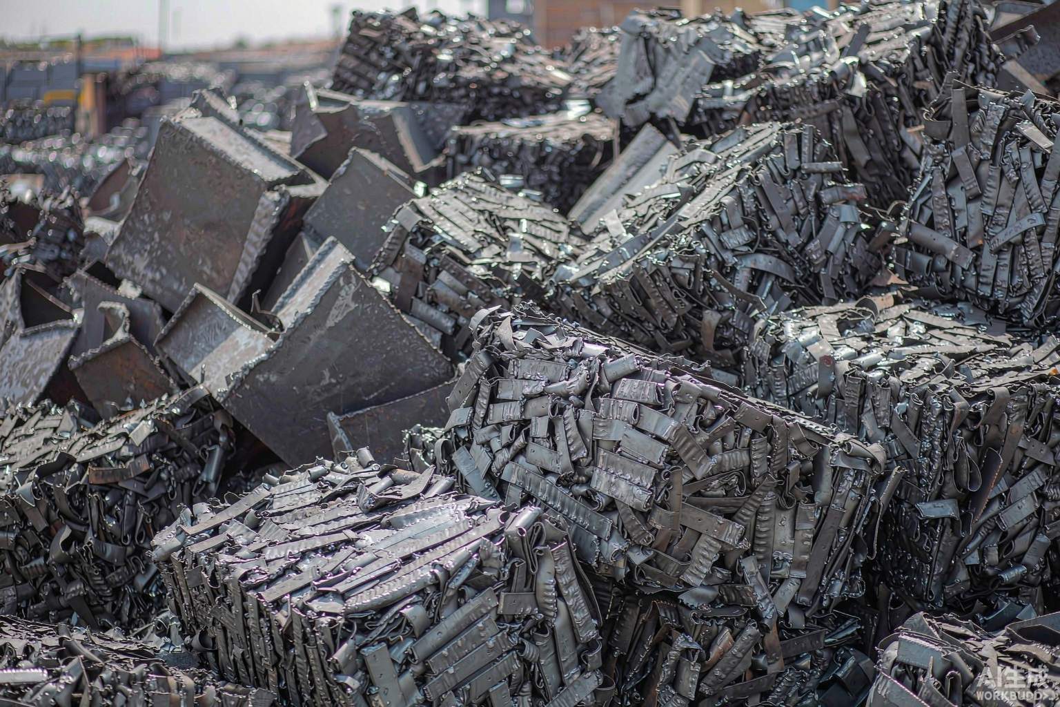 Shredded and sheared furnace-ready scrap steel feedstock prepared for steel mill delivery
