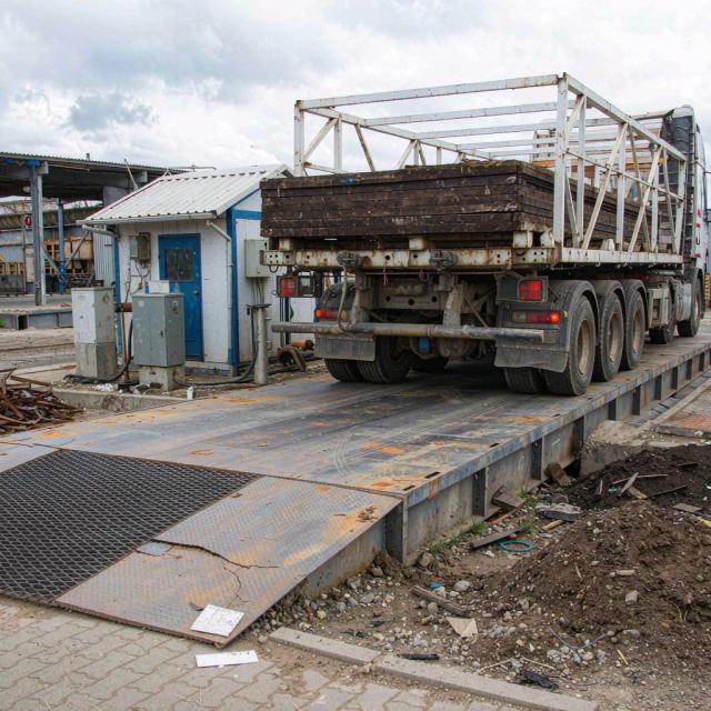 Heavy goods vehicle on a weighbridge at a recycling site with load weights recorded for duty of care paperwork