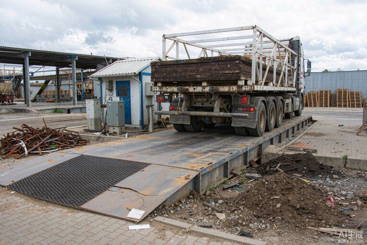 Heavy goods vehicle on a weighbridge at a recycling site with load weights recorded for duty of care paperwork